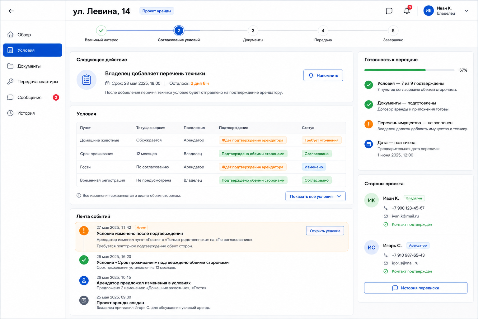 Рабочий экран проекта аренды: следующее действие, версии условий, документы и история подтверждений