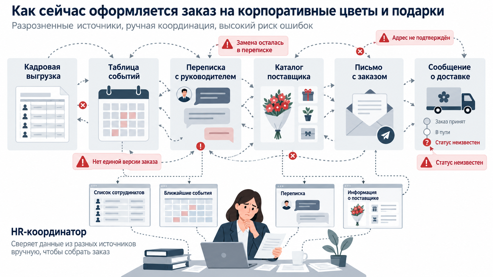 Схема старого процесса: кадровая выгрузка, таблица, переписка с руководителем и поставщиком без единой карточки