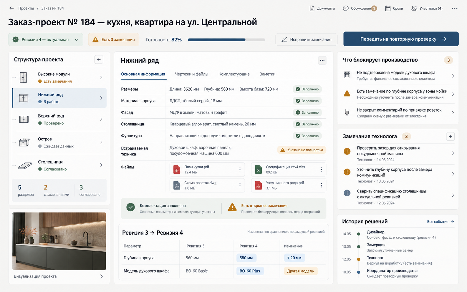 Рабочая область: ревизия 4, нижний ряд кухни, сравнение изменений, замечания технолога и история решений