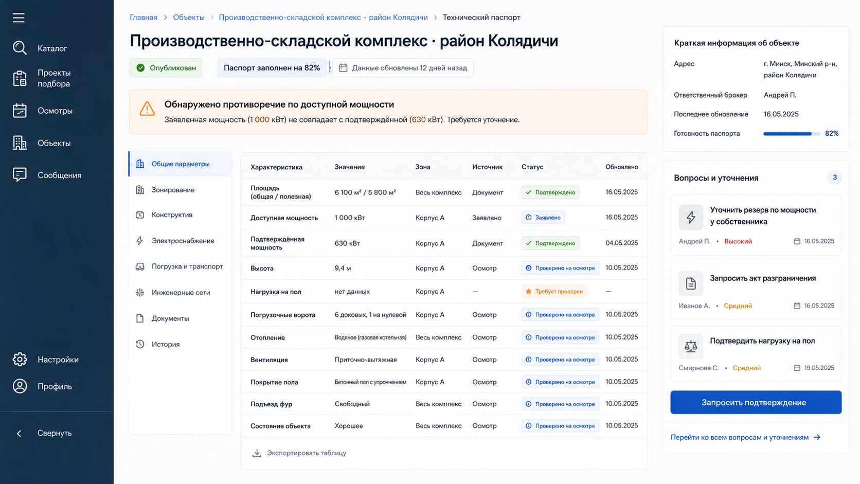 Технический паспорт объекта: характеристики, зона, источник, статус подтверждения и очередь уточнений
