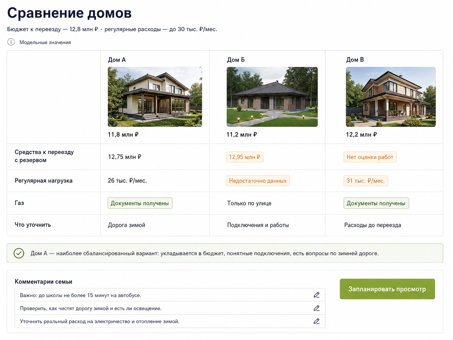 Сравнение домов в проекте семьи
